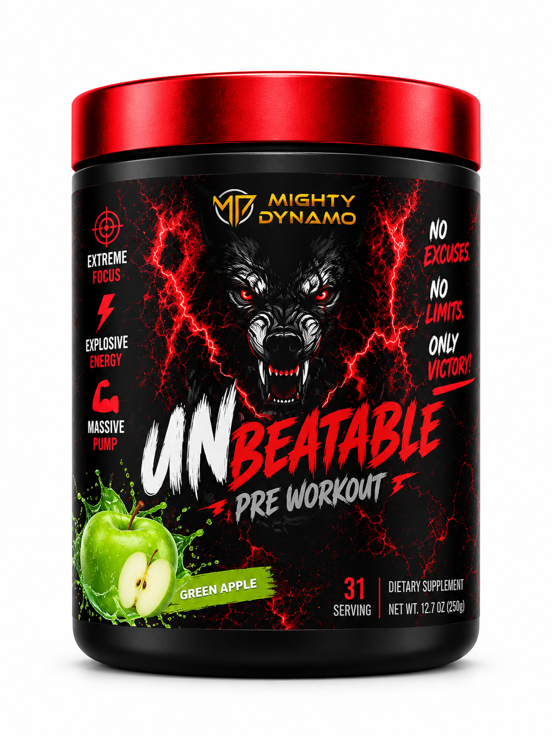 Mighty Dynamo Unbeatable Pre-Workout - 250 g - Green Apple